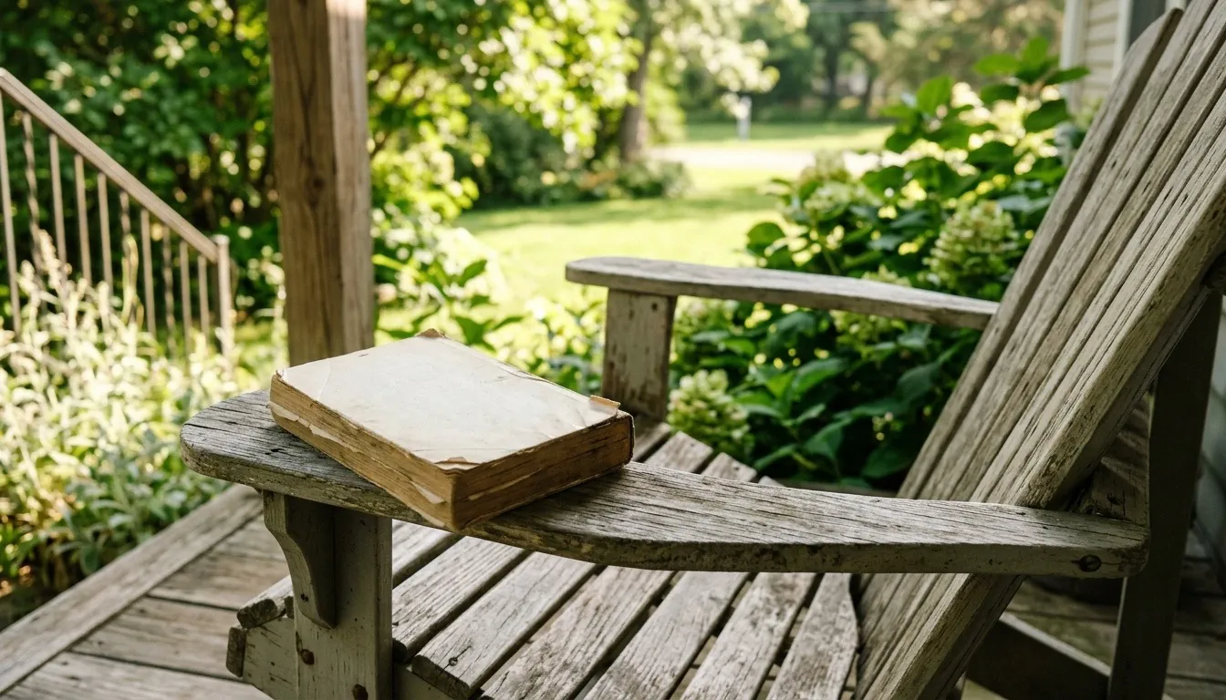 A row of worn hardcover novels standing on a plain wooden shelf