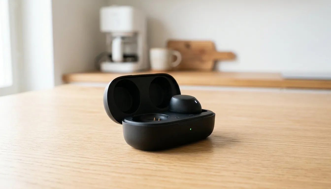 Wireless earbuds in an open charging case on a wooden kitchen table