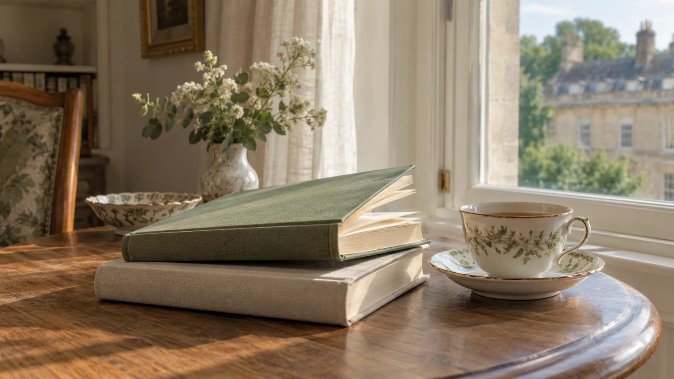 Sage and cream clothbound books and a porcelain cup beside a sunlit window