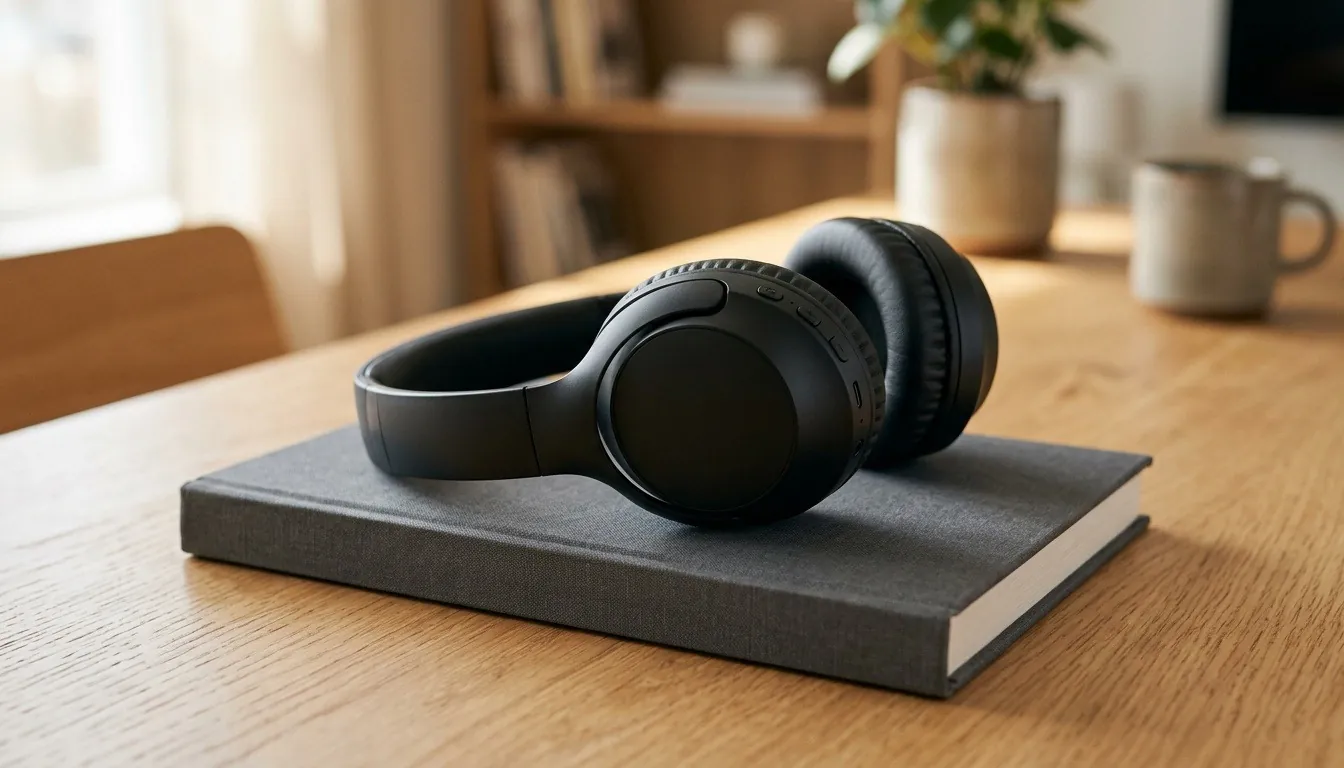 A pair of over-ear headphones resting on a stack of blank-spined hardcovers