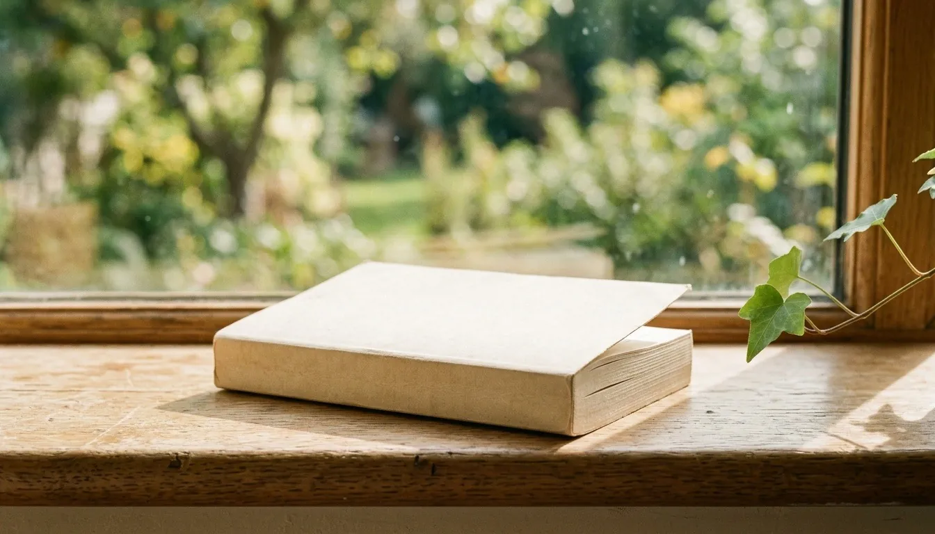A single worn paperback classic (blank spine) resting open on a nightstand beside a reading lamp