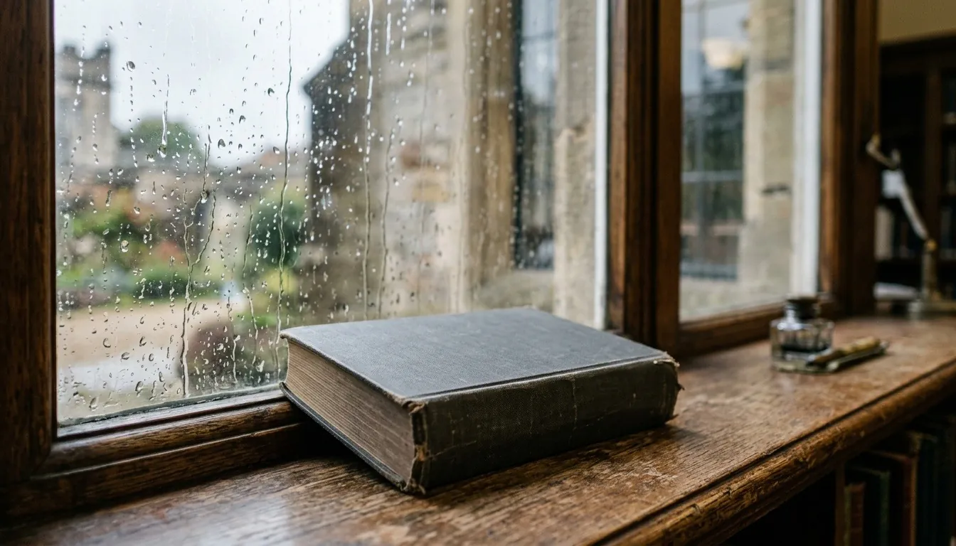 An old hardcover book with a plain cover on a library windowsill on a rainy day