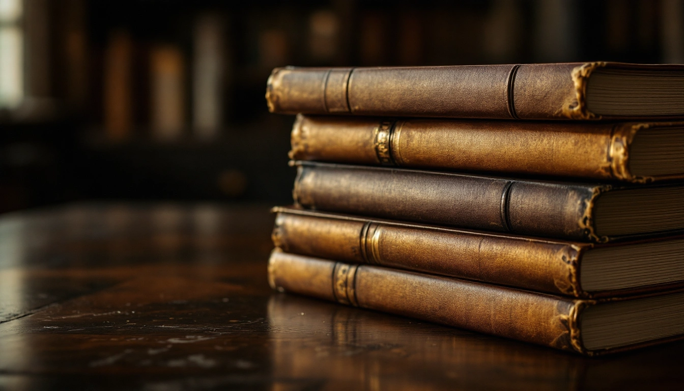 A stack of worn, blank-spined hardcover classics on a library table beside a pair of reading glasses