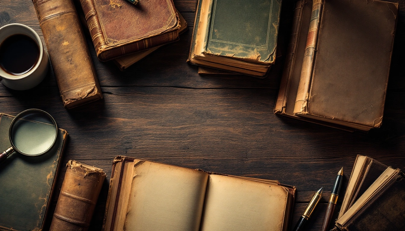A flat-lay of worn, blank-spined classic hardcovers fanned open on a wooden reading table