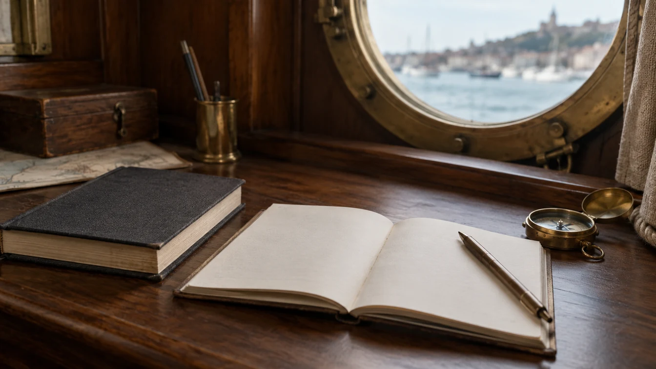 A charcoal clothbound book, notebook and brass compass on a cabin desk