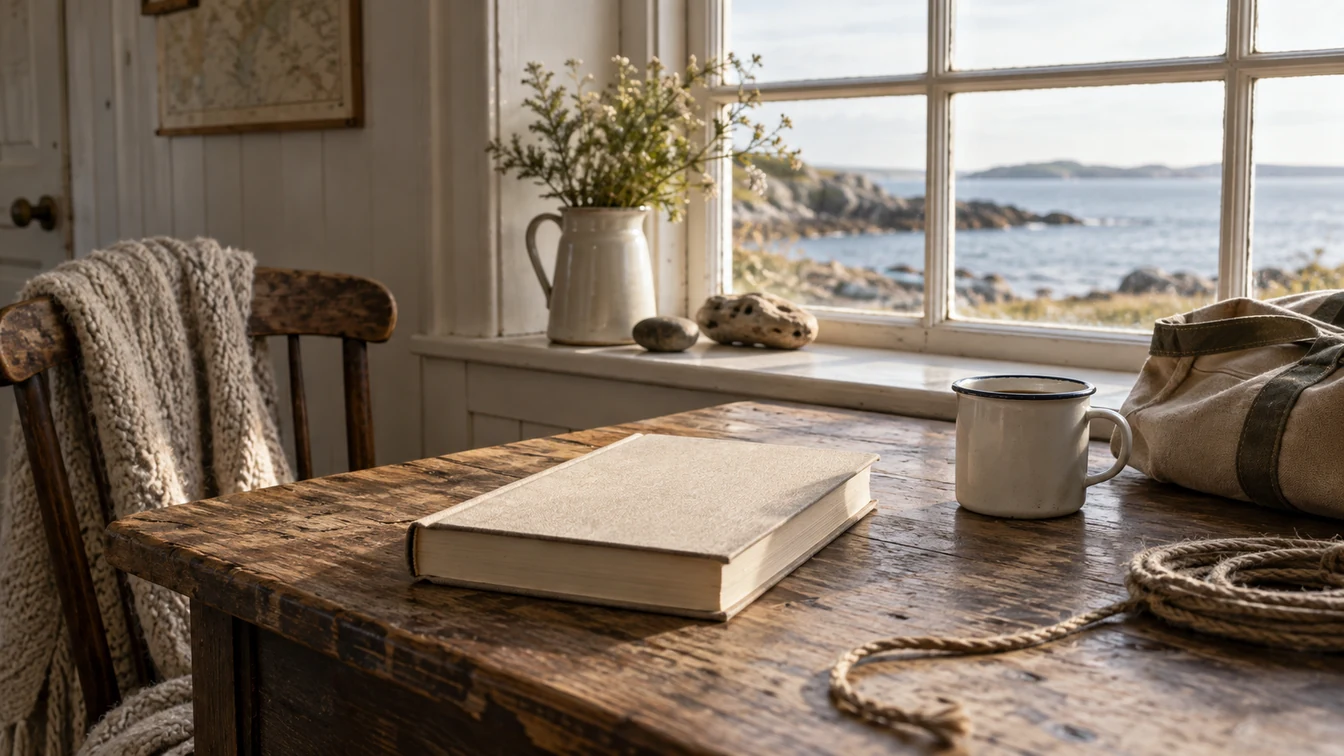 A sand-colored book, enamel mug and hemp cord on a coastal cottage table