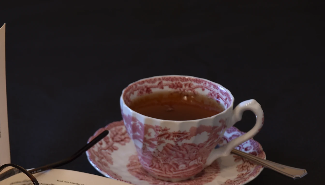 A patterned teacup and reading glasses beside the edge of an open book on a dark table