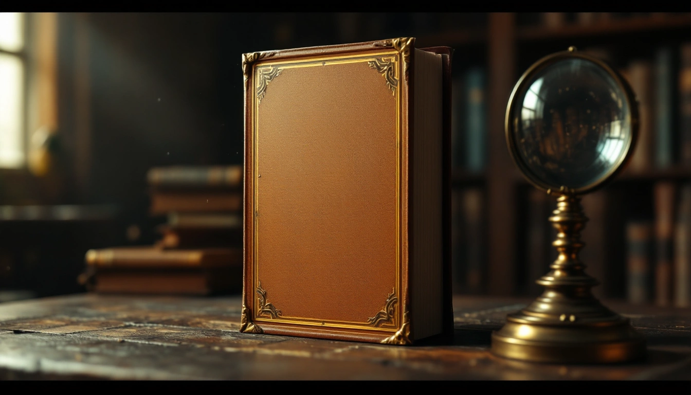 A blank-spined antique hardcover standing upright with a magnifying glass beside it on a library desk