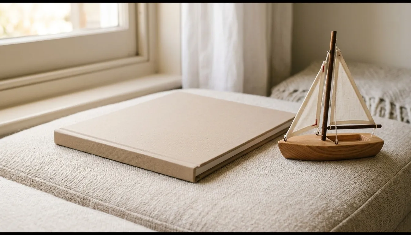 A closed cloth hardcover book on a window-seat cushion beside a small wooden toy sailboat