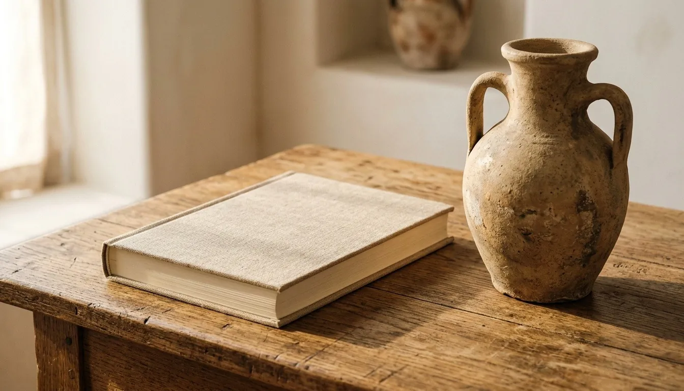 A single blank-spined hardcover resting on a stone ledge beside an olive branch