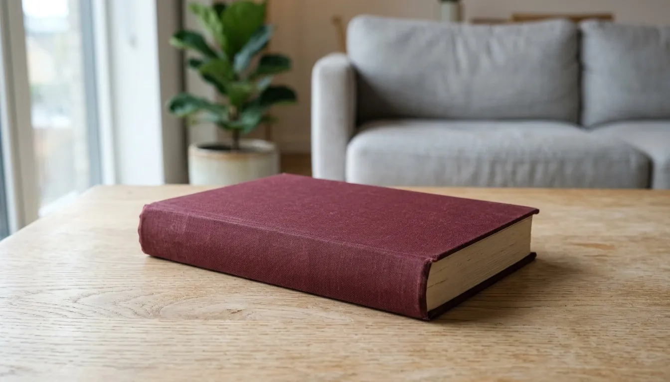 A single maroon cloth hardcover book with a blank cover on a wooden table