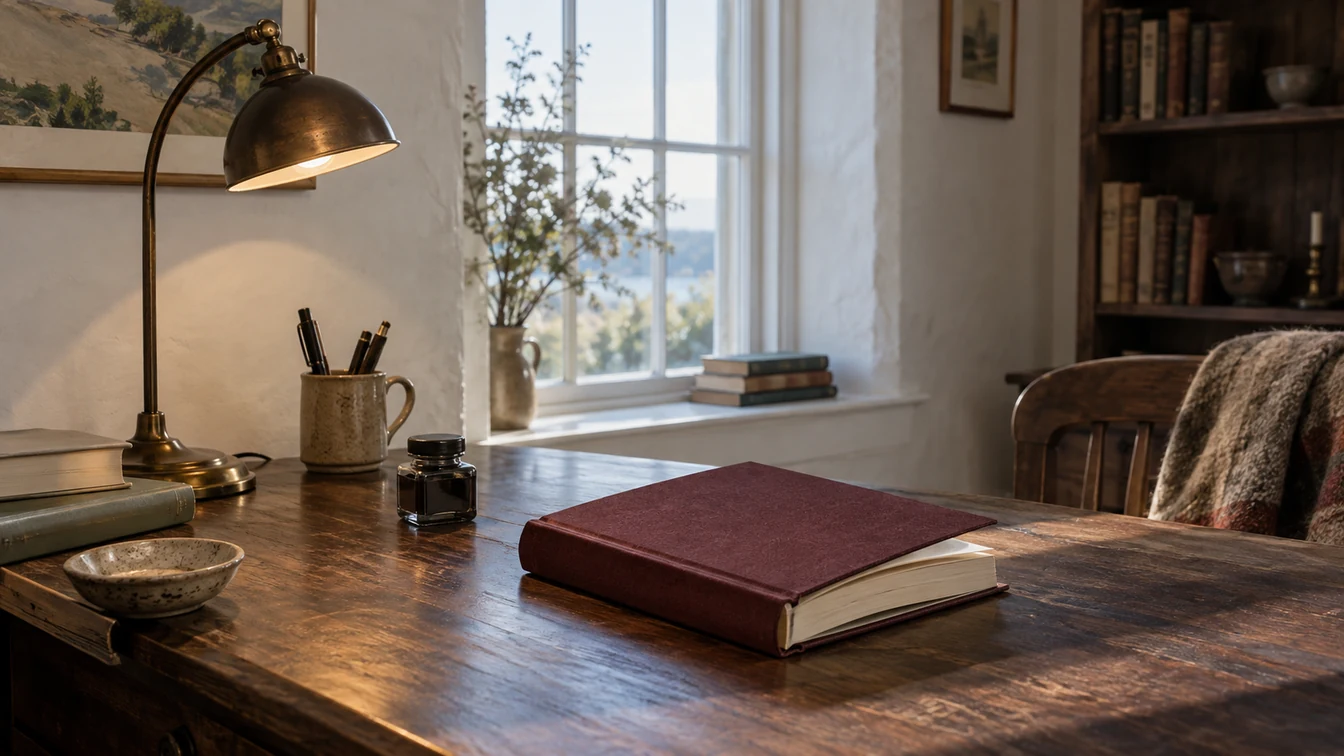 A burgundy hardcover and glass ink bottle on a desk in afternoon window light