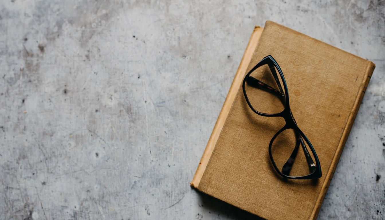 Dark reading glasses resting on the brown cover of an old book, photographed from above