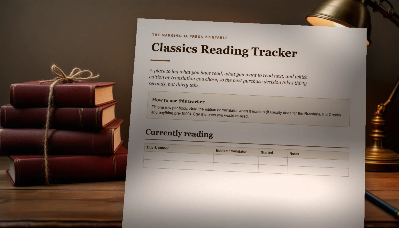 The printed Classics Reading Tracker in lamplight beside a stack of clothbound books