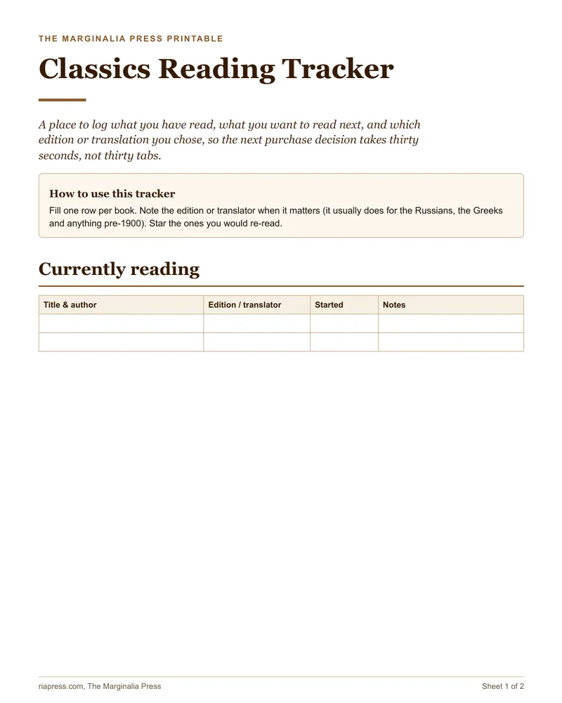 Page one of the Classics Reading Tracker