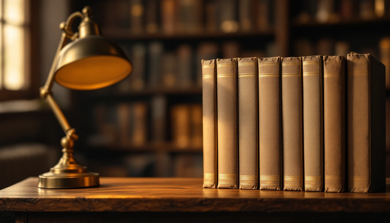 A row of blank-spined literary hardcovers on a shelf beside a small reading lamp