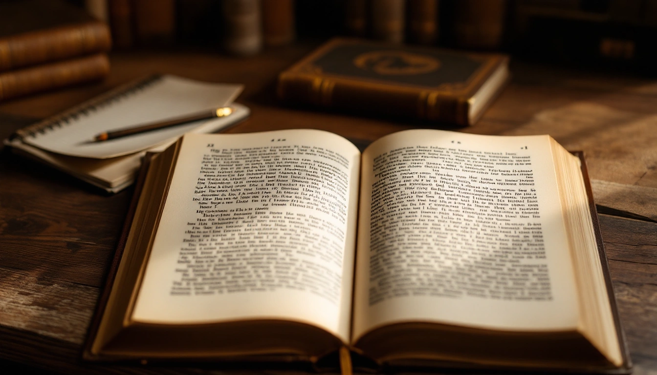 An open annotated hardcover classic on a wooden desk beside a notebook and pencil