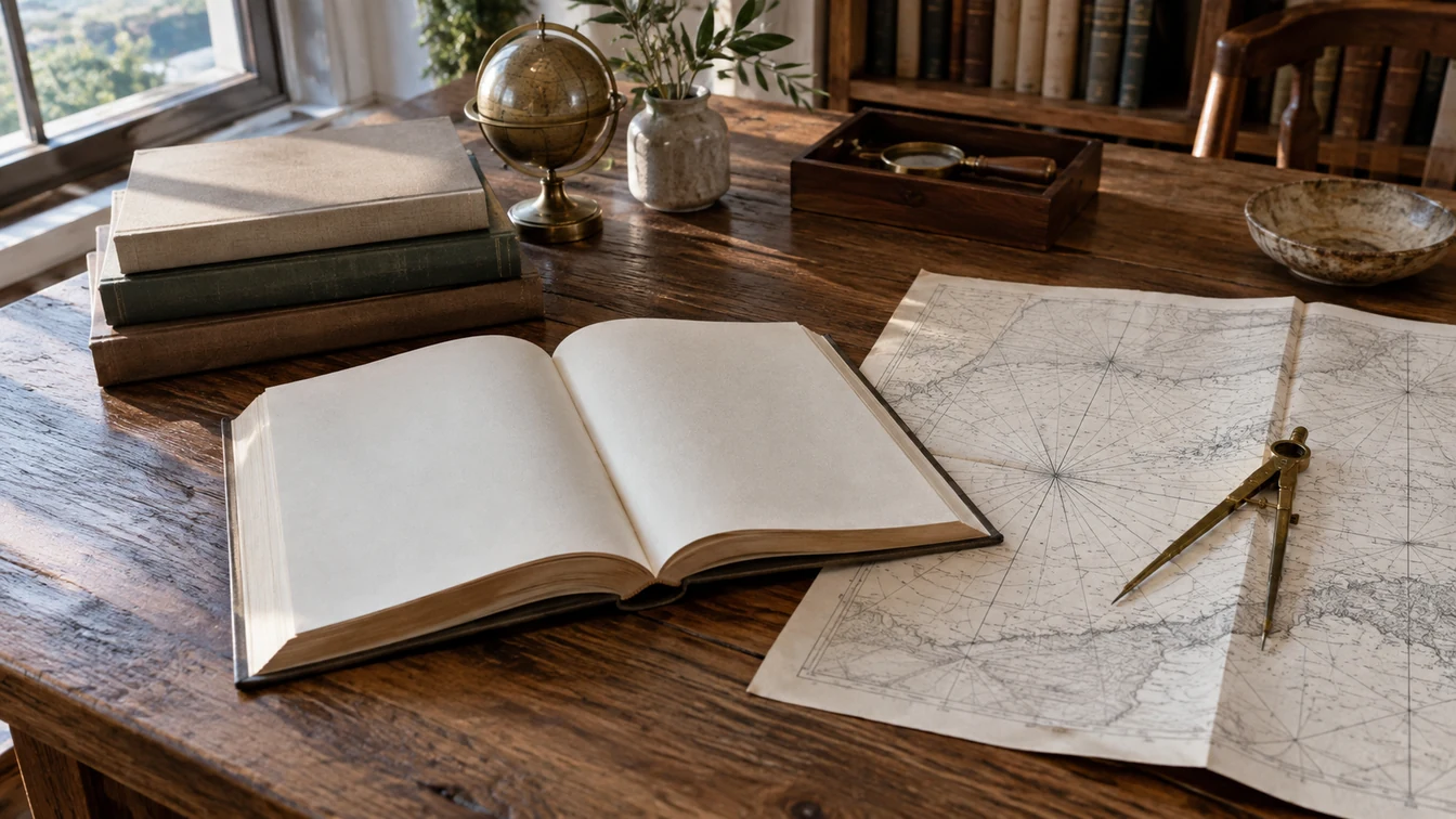 An open book, brass divider and nautical chart on an oak library table