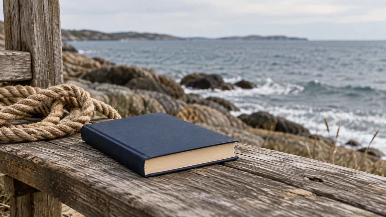 A navy clothbound book and coiled rope on a wooden bench beside the sea