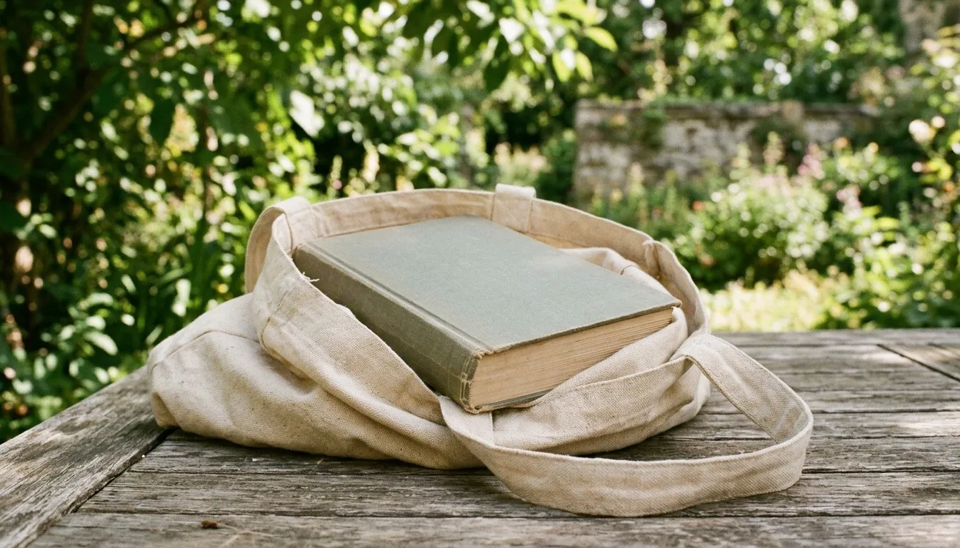 A paperback novel with a plain cover resting in a canvas tote bag on a garden table