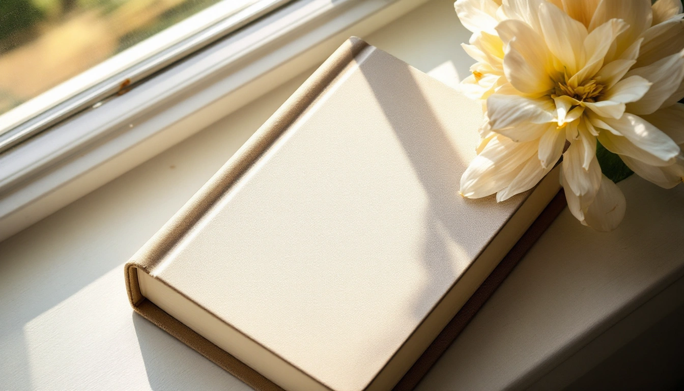 A blank-covered clothbound novel resting on a windowsill beside a pressed flower