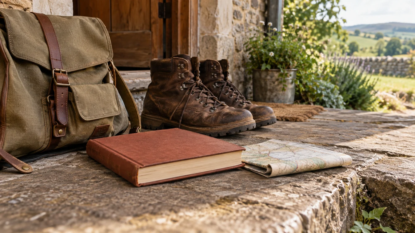 A russet book, folded map, canvas bag and walking boots beside a cottage doorway
