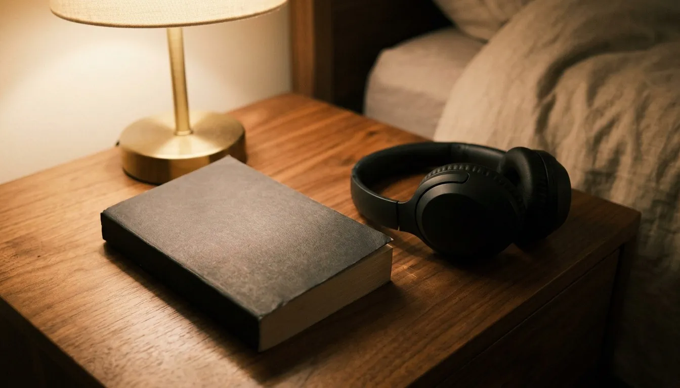 A single lamp lighting an open hardcover book on a dark wooden desk