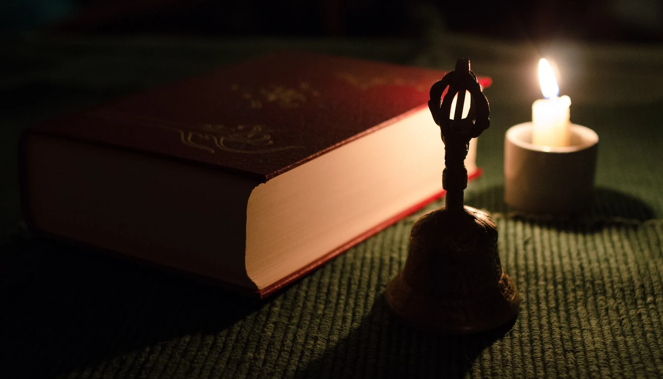 A dark closed book beside a small bell and a lit candle on textured cloth