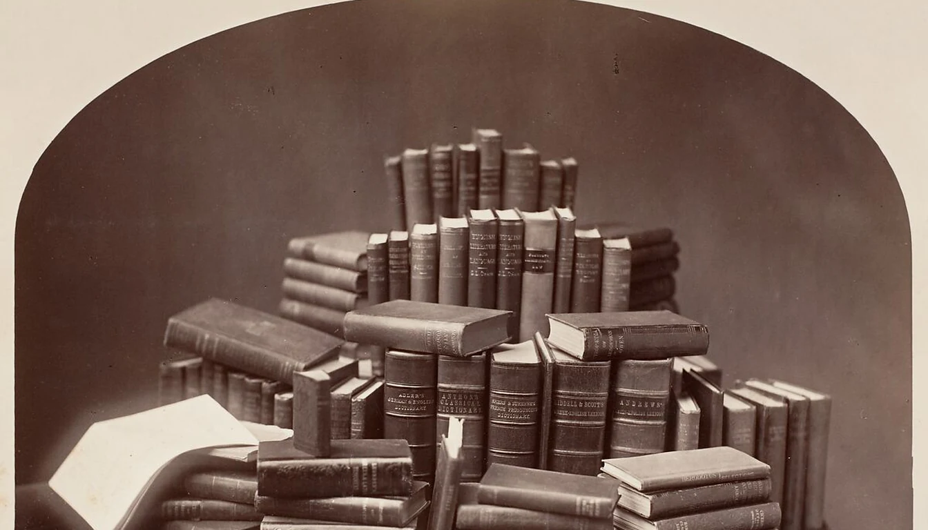 A nineteenth-century albumen photograph of stacked and upright clothbound books on a table